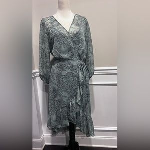 Calvin Klein High-Low Green Paisley Wrap Dress, Size 14
